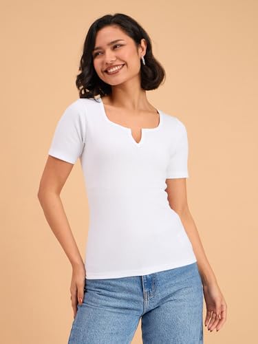 Image of barcino Beige Ribbed V-Neck Short Sleeves Top