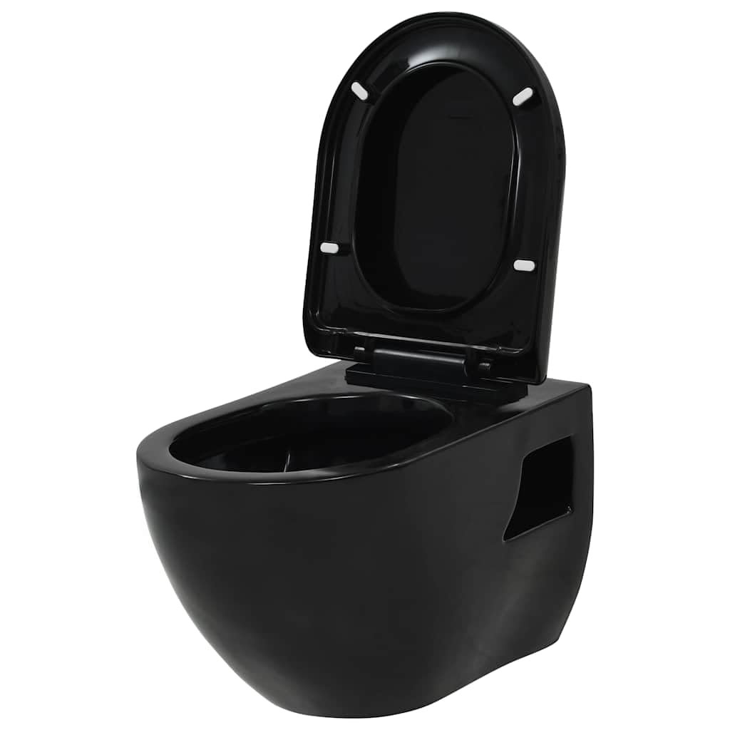Inodoro colgante de pared negro con depósito oculto, doble caza 3-4,5L/6-9L, cuenco de cerámica, asiento de cierre suave, marco de acero, kit de montaje incluido