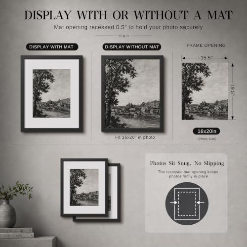 Image of VCK 16x20 Picture Frame with Real Glass, Black Wood, 11x14 Mat, 2 Pack
