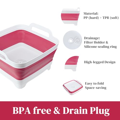 Image of GIMWA Collapsible Wash Basin for Baby Bottles - 2.4 Gallons Portable Dish Basin for RV Camping Sink, Space-Saving Dish Tub For Bottle Washing (Viva Magenta)