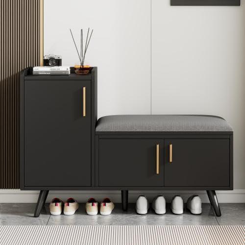 Merax Shoe Storage Bench with Seat, Modern Shoe Cabinet with Adjustable Shelves, Hallway Storage Bench with Cushion, Wooden Shoe Bench for Boots, Heels & Trainers, Entryway Storage Bench, Black