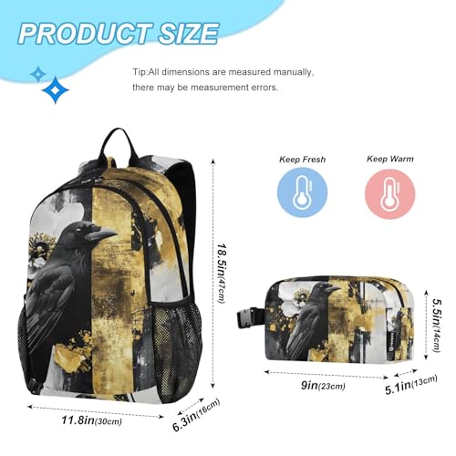 Backpack Lunch Bag Set for Travel Hiking Picnic, Crow White Flower Print Backpacks with Insulated Lunch Box2