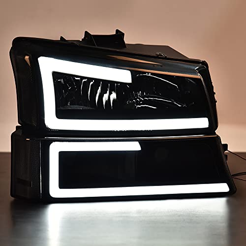 Image of GRAND ORANGE LED Headlight Assembly DRL Compatible with Chevy Silverado 1500 2500 3500 HD Models 2003-2006 / Fit Avalanche 1500 2500 03-06 Smoky lens Headlamp Black Housing Clear Reflector