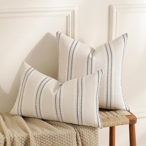 Image of Hckot Stripe Throw Pillow Covers 12x24 Lumbar Navy Blue Pillow Covers | Farmhouse Decorative Pillows Textured Cushion Covers for Sofa Couch Bed Living Room Decor