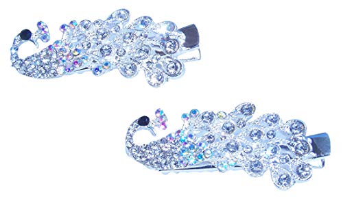 Two Small Silver Sparkle Colorful Peacock Shiny Stainless Steel Alligator Hair Clips for Women With Gift Box (Clear)