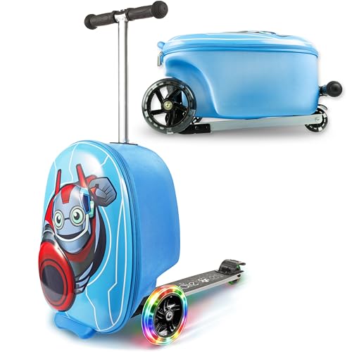 Image of KIDDIETOTES Boys Ride-On Scooter Luggage, Hardside Travel Carry-On Suitcase, multi, 13.5 Inch x 9 Inch x 20 Inch, Superhero Robot