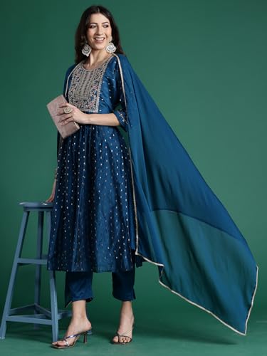 Image of INDO ERA Women's Chanderi Silk Embroidered A-Line Kurta Pant With Dupatta Set