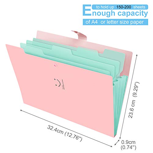 Expanding File Folder 5 Pockets, Skydue Letter A4 Paper Accordion Document Organizer (Pink)