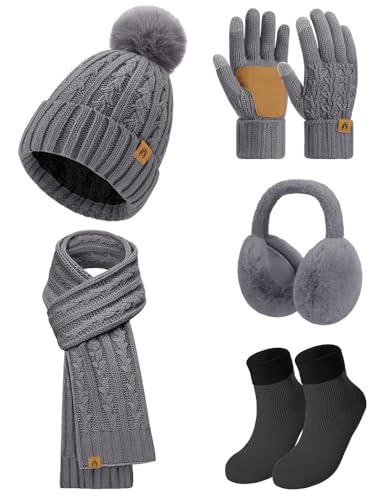 UMIPUBO Gorro Bufanda y Guantes Invierno Set 5PCS Mujer Gorros con Pompon Bufanda Termico Larga invierno Guantes de Pantalla Táctil Orejeros de Felpa Calcetines Térmicos 5 Piezas Set (Gris oscuro)