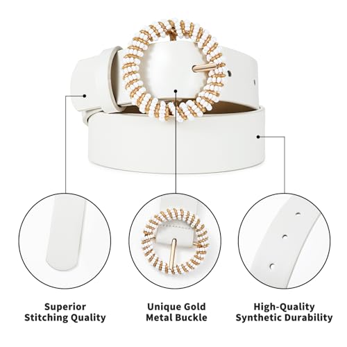 Women's White Belt Pearl Embellished Round Buckle White Leather Ladies Waist Fashion Belt for Dress Skirts4