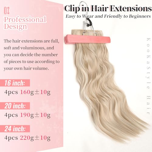Image of KooKaStyle Wavy Thick Clip in Hair Extensions 20 inch Pearl Blonde | 4 Pieces Clip in Extensions,Fiber Double Weft Hairpieces,Natural Volume,Beach Wave Long Synthetic Hairpieces for Women