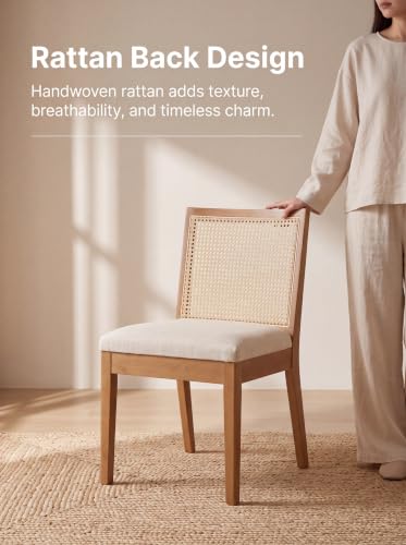 Image of HNY Farmhouse Rattan Dining Chairs Set of 6, Walnut Solid Hardwood Frame, Upholstered Linen Seat, Ergonomic Cane Back Dining Room Chairs for Kitchen, Dining Room, Apartment, Beige