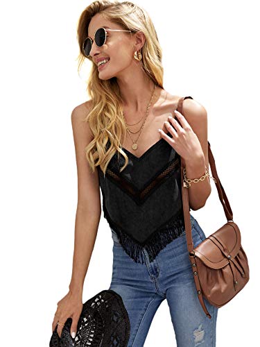SweatyRocks Women s V Neck Crop Cami Top Fringe Hem Sleeveless Vest Shirt Black L