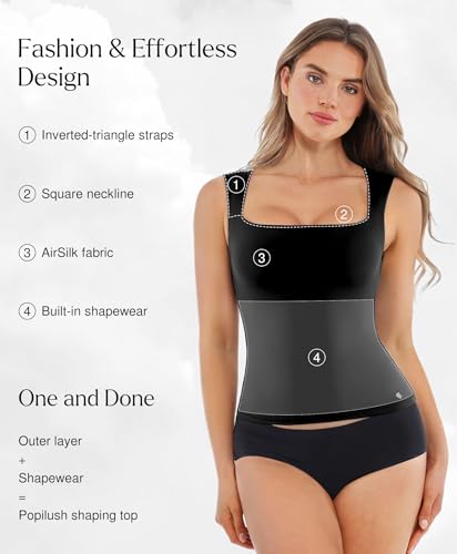 Image of Popilush Tank Tops for Women Square Neck Shapewear Tummy Control Shirts Sleeveless Basic Double Lined Going Out Top