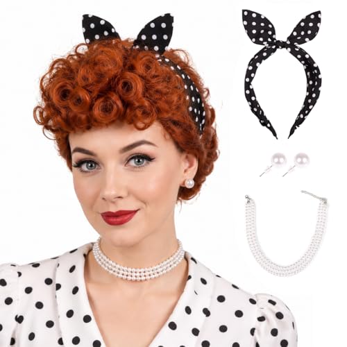 FantaLook Light Auburn Wig with Headband Earrings and Necklace Costume 50S Housewife Cosplay Wig for Halloween