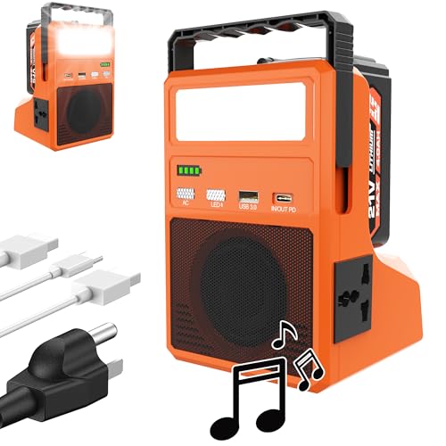 Image of 300W Battery Inverter Compatible with Makita 18V Battery, DC 5-20V to AC 110V/230V, Power Inverter with Bluetooth Speaker, Portable Power Station with 21V 4.0Ah Battery,LED Light for Camping Emergency