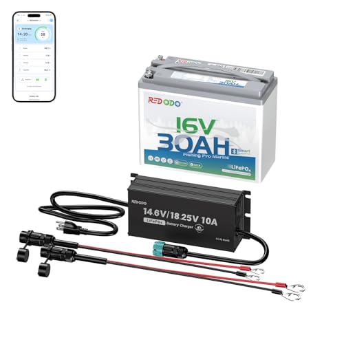 Redodo 16V 30Ah Bluetooth Lithium Marine Battery and 18.25V 10A Charger Set Low-Temp Cutoff Protections Perfect for Marine Devices Such as Sonar Radar GPS Fish Finder