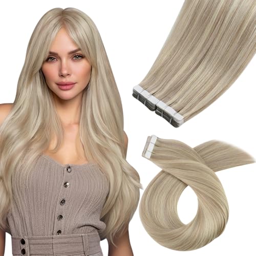 Moresoo Tape in Hair Extensions Human Hair 24 Inch Real Hair Extensions Tape ins 40pcs Invisible PU Tape in Hair #18 Ash Blonde with #613 Bleach Blonde Highlight Tape in Extensions 100g