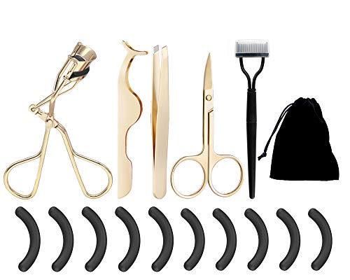 Eyelash Curler 5 in 1 Premium Lash Curler Kit with Eyelash Extension Tweezers Foldable Eyelash Comb Facial Hair Scissors and 10 Eyelash Curler Silicone Refill Pads for Women Eye Shape