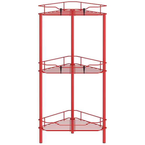 Image of HuggieGems 3 Tier Floor Standing Corner Shower Caddy Organizer Shelf with Hooks, Bathroom Shelves Stand Rack, Red