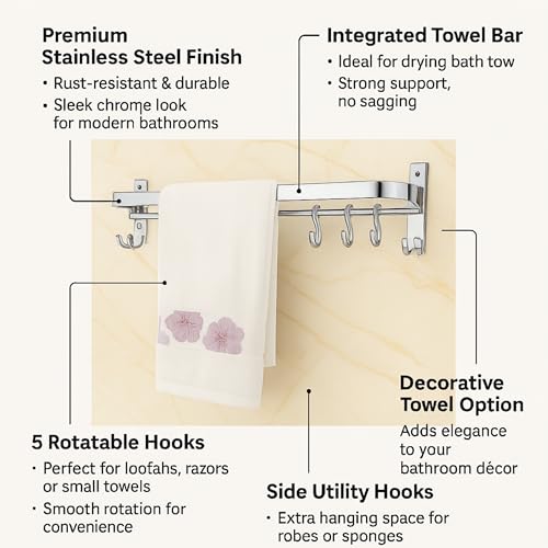 Image of JIALTO Stainless Steel Wall Mounted 24 Inch Towel Rack with 3 Hooks | Rustproof Bathroom Hangers for Clothes & Towel | Space Saving, Heavy Duty Towel Bar for Bathroom, Chrome Finish