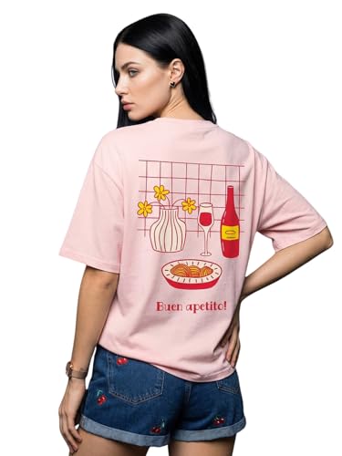 Image of JUNEBERRY Pure Cotton Oversized Drop Shoulder T-Shirt for Women | Front & Back Print, Half Sleeve, Baggy Fit, Round Neck | Sizes S-XXL