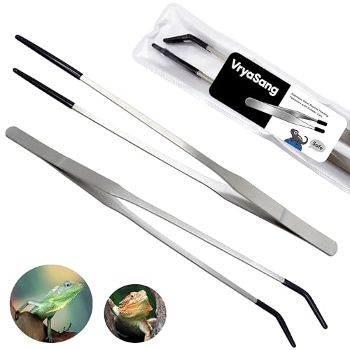 2 PCS Long 10.6 Stainless Steel Reptile Feeding Tongs with Rubber Tip Straight & Curved Tweezers for Aquariums & Crafts Feeder Tools for Bearded Dragon Lizards Snake Terrarium Supplies (Silver)