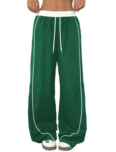 ZAFUL Womens Parachute Pants Y2K Wide Leg Cargo Sweatpants Drawstring Waist Jogger Pants with Pockets Dark Green XL