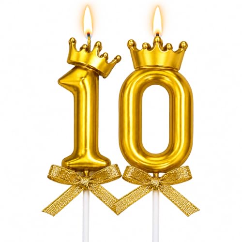 Image of Number Candles with Crown 3 inch for Birthday Parties, Wedding, Engagement, Celebrations, Theme Party, Bridal Shower, Bachelorette, Bachelors Decoration Gold (Numerical No 10)