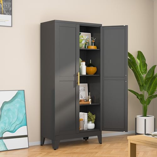 RISTERN Black Metal Storage Cabinet, 48' Steel Cabinets for Home Office, Kitchen Pantry Storage Cabinet with Doors and 3 Adjustable Shelves, for Office, Home, Garage, School