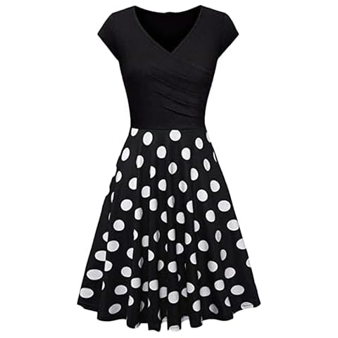 OMZIN Woman A Line Dress Cap Sleeve Floral Print Flowing Dress Cocktail Party Dress Blk Dot L Cover