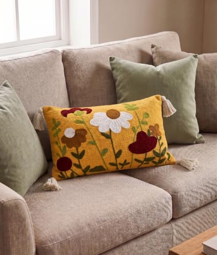 Image of Furnistitchs Boho Rectangle Cushion Cover 12x20 inches | Handmade Decorative Throw Pillow Case | Bohemian Home Decor Sofa Bed Cushion Cover Living Room Bedroom (1, Yellow Daisy, 12x20 inches)