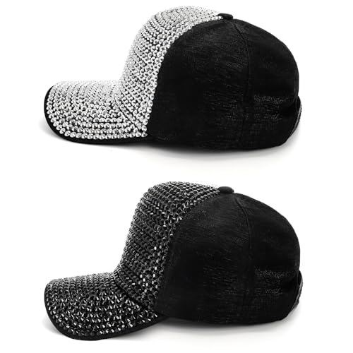 Image of Peohud Set of 2 Rhinestone Baseball Caps, Adjustable Snapback Baseball Hat for Women Men, Breathable Sparkle Bling Sun Hat for Sport, Party, Outdoor Activities Black