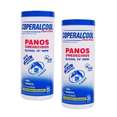 Kit 2 Panos Lenços Umedecidos Coperalcool 70 INPM 35 Unidades Álcool Superfícies Limpeza Rápida Bancada Mesa Maçaneta Vidro Celular Volante Bolsa Escritório Perfuma (Clássico)
