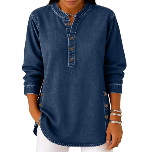 Tunique en simili jean pour femme avec col en V et boutons élégants