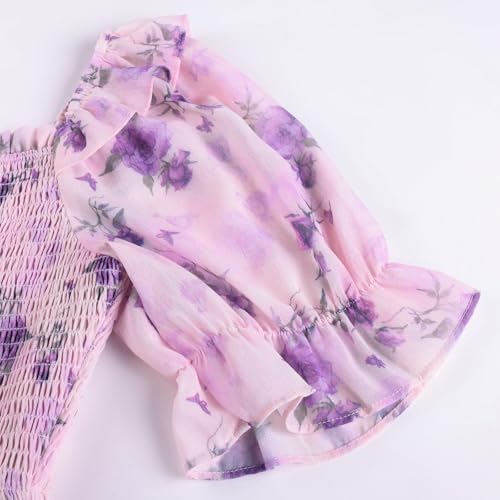 Image of Scarlet Darkness Floral Dress for Women Summer Puff Sleeve Square Neck A Line Flowy Wedding Guest Tea Party Dresses