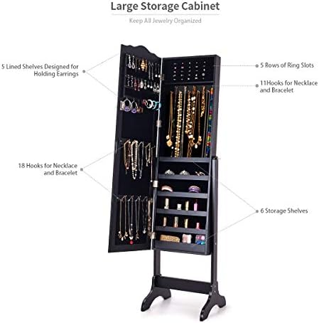 CASART Mirrored Jewelry Cabinet, Free-Standing Jewelry Armoire with Adjustable Mirror and Storage Shelf, Bedroom Makeup Jewelry Organizer for Women Girls (Black)