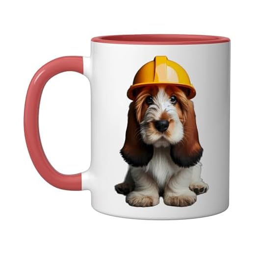Petit Basset Griffon Vendéen Dog Yellow Hard Hat Helmet Crew Ceramic Mug, Red/White