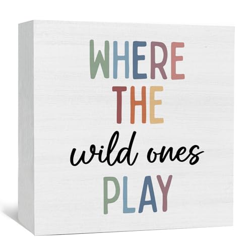 GWOKPAAI Boho Nursery Playroom Wooden Box Signs Desk Decor, Playroom Decor, Boho Wooden Signs Desk Decorations for Kids Boys Girls Toddler Nursery Room Bedroom Playroom Tabletop Shelf Wall, 5x5in