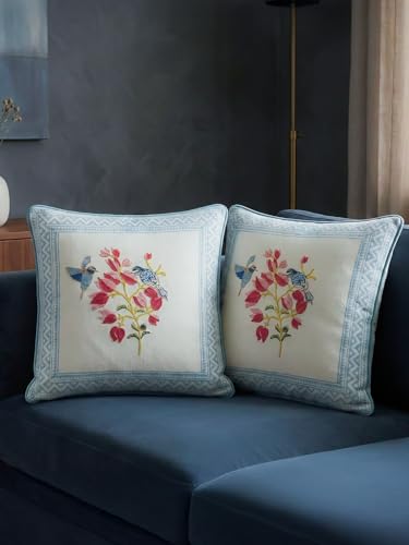 Image of Bougainvillea Hand Block Print 100% Cotton Fabric Cushion Covers 16 x 16 Inches | Decorative Throw Pillow Covers for Sofa, Bed & Living Room | Soft & Durable Jaipuri Cushion Cover | Set of 2