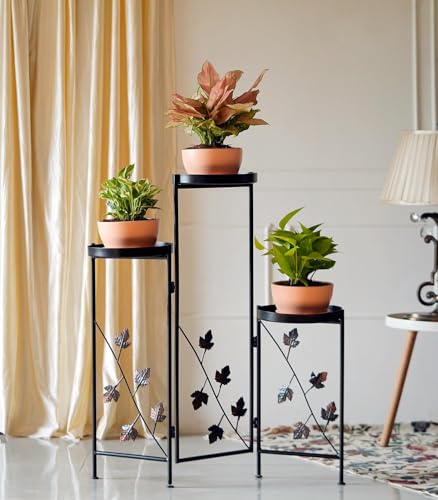 Image of Set of 2 Black (3-Tier) Metal Planter Stands for Living Room with Foldable Design | Pot Stand for Indoor Plants (Size- 30 & 36 Inch) - [Plants are not Included]