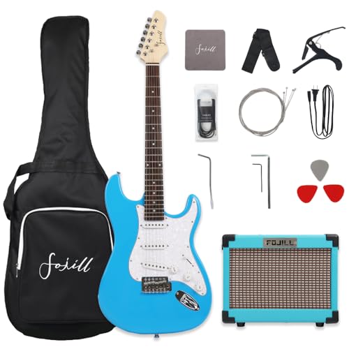 FOJILL Guitar With Rechargeable Battery And Bluetooth Inside Amplifier 39 Inch Full Size Blue Beginner Kit Electric Guitar Set Starter Package Combo Bundle All Accessory Included(Blue) FEK-30