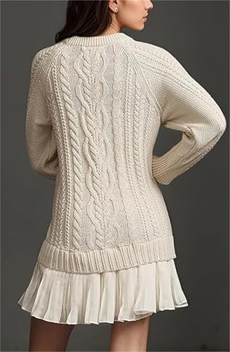 Women Crewneck Cable Knit Sweater Mini Dress, Crew Neck Long Sleeve Patchwork Pleated Pullovers Patchwork3
