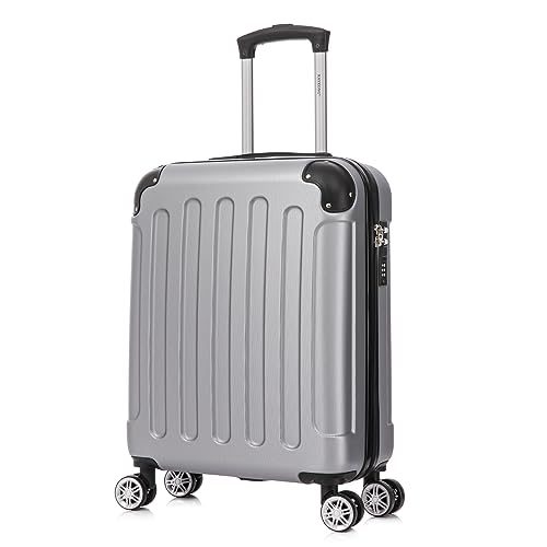 RAYKONG Maleta Cabina ABS 55x40x20cm 44L - Maxima aprovechamiento de Capacidad - 4 Ruedas Giratorias Dobles con 360ª - Candado Incrustado - Plateado