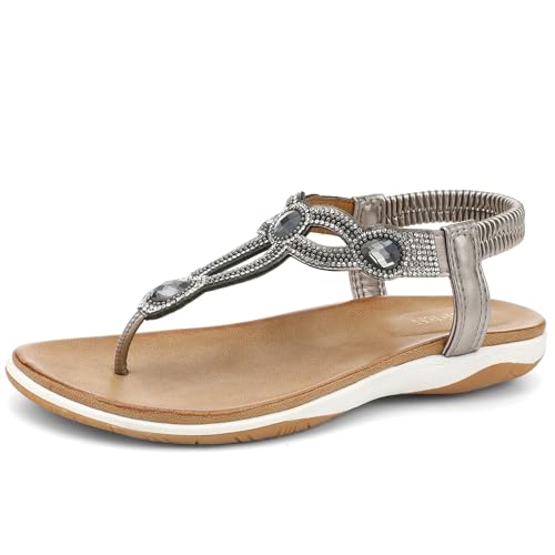 Image of UBFEN Womens Flat Sandals with Arch Support - T-Strap Thong Sandals with Elastic Back Strap, Comfortable for Walking, Bling, Rhinestone, Dressy