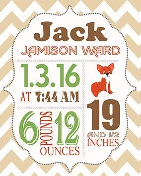 Personalized Stretched Canvas Birth Announcement Gift, Custom Baby Name, Date, Weight Stats, Newborn Fox Nursery Wall Art Decor, High Quality Wooden Frame Construction, Ready to Hang 20X24