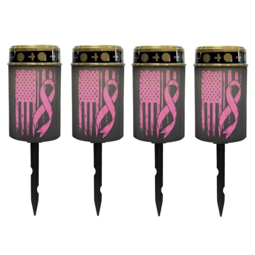 Image of Poceacles Solar Outdoor Lights Solar Grave Lights Cemetery Candles Decorative LED Automatic Flameless Candle, Pink Ribbon American Flag, Pack of 4