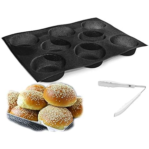 Hamburger Bun Pan, Silicone Hamburger Mould for Baking, Non-Stick Silicone Hamburger Bun Mould, Perforated Pinhole Design + 1 Bakery Tong Cover