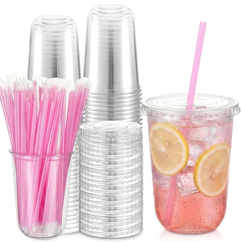 Ziliny 25 Pack 16 oz Clear Plastic Cups with Lids and Straws Disposable Iced Coffee Cups Round Bottom To carry Cup for Coffee Smoothie Cold Drinks Juice Milkshake Tea (Pink)