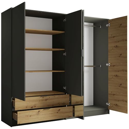 Lomadox Schlafzimmer Komplett Set 4-teilig mit Bettgestell 180x200 cm Kleiderschrank Kommode Nachttische modern in Graphit mit Eiche – Bild 4